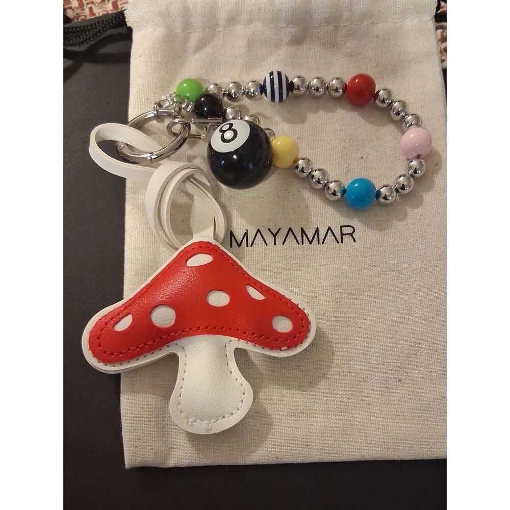 Bag Charm MAYAMAR Beautifully Handcrafted Leather Red Mushroom 8 Ball Beaded